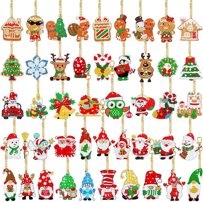 Tudomro 45 Pieces Christmas Diamond Painting Keychains Diamond Art Ornaments Key Chain Resin DIY Diamond Painting Key Ring...