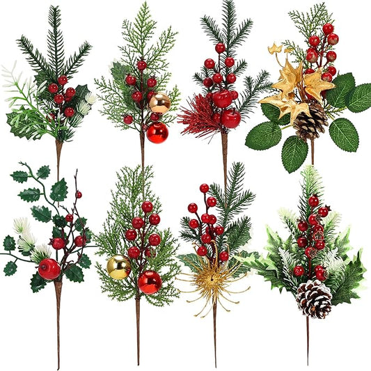 Artificial Christmas Picks, 8Pcs Christmas Sprays Picks with Red Berry Stems Pine Cones Holly Poinsettia, Faux Floral Bran...