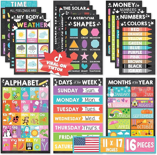 Hadley Designs 16 Educational Posters for Classroom Decor - Chalkboard Educational Posters for Toddlers 1-3, Toddler Learn...
