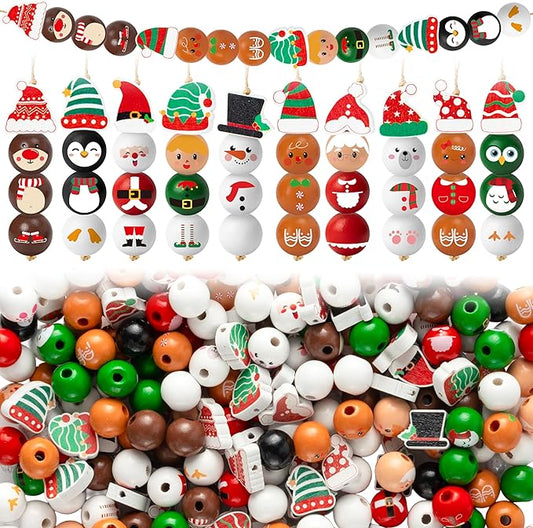 HoniedPepperino Christmas Wooden Bead with Twine - 240Pcs DIY Santa Claus Snowman Gingerbread Man Elf Bead Garland Crafts,...
