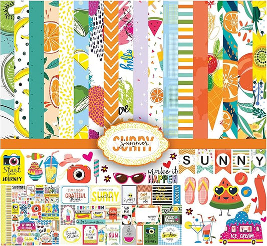 Inkdotpot Summer Fruit Theme Collection Double-Sided Scrapbook Paper Kit Cardstock 12"x12" Card Making Paper Pack with Sti...