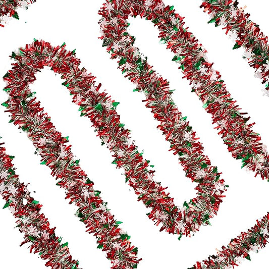 32 Ft Red Green Silver Fluffy Tinsel Garland Snowflakes Christmas Decorations Metallic Ceiling Hanging Decor Indoor Party ...