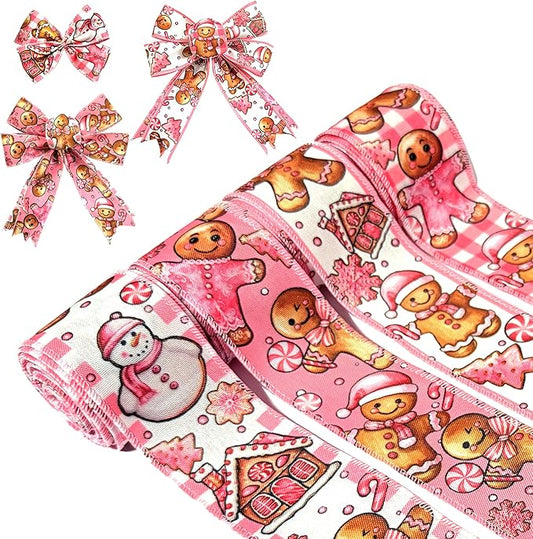 4 Rolls 24 Yards Pink Christmas Wired Ribbon, Gingerbread Man, Snowman Snowflake Ribbon Christmas Swirl Burlap Gift Wrappi...