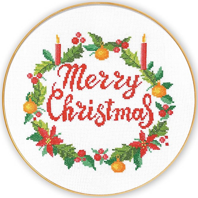 'Merry Christmas' Counted Cross Stitch Kit - DIY Holiday Ornament Embroidery Set with Paper Pattern, Threads & 14ct Aida -...
