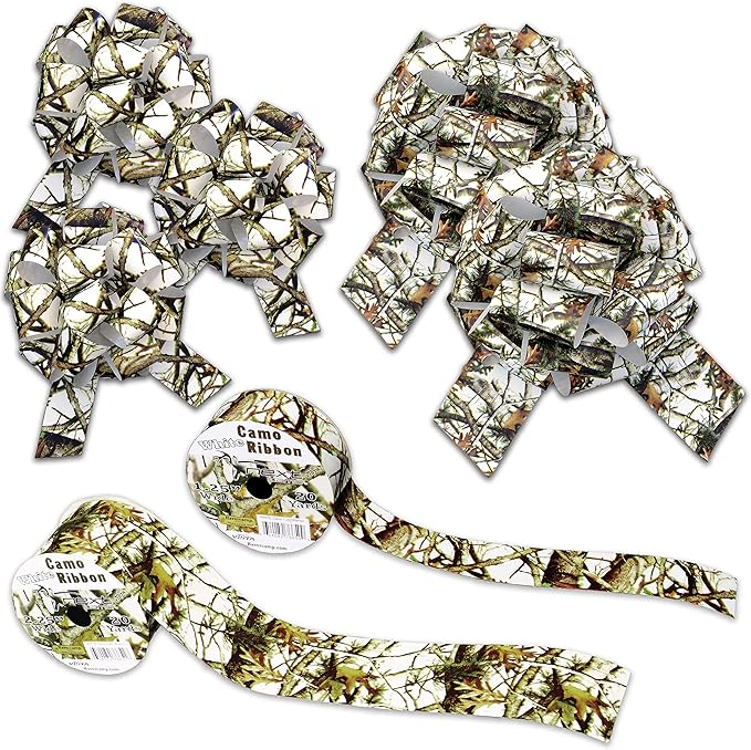 White Hunting Camo Ribbon & Bows Gift Wrapping Kit - 40 Yards of White Camouflage Ribbon and 5 Camo Bows for Gifts, Christ...