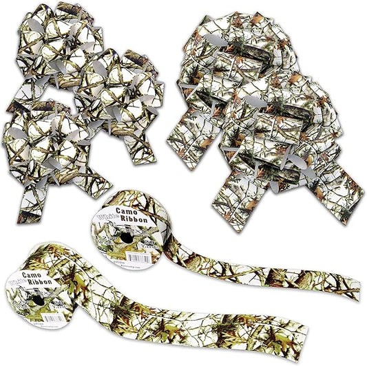 White Hunting Camo Ribbon & Bows Gift Wrapping Kit - 40 Yards of White Camouflage Ribbon and 5 Camo Bows for Gifts, Christ...