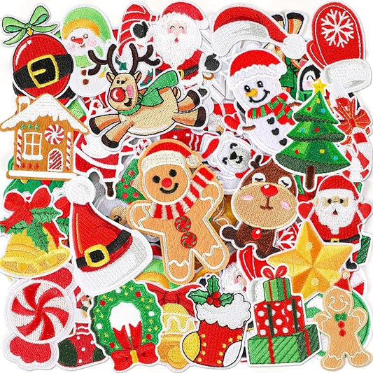 AUGSUN 60pcs Christmas Iron on Patches Random Assorted Styles Xmas Embroidered Sew Applique Repair Patch Santa Claus Chris...