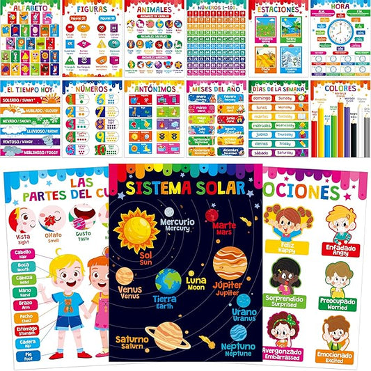 15 Packs Spanish & English Educational Posters, Thick Elementary Bilingual Poster Waterproof & Tearproof with PET Film, Ea...
