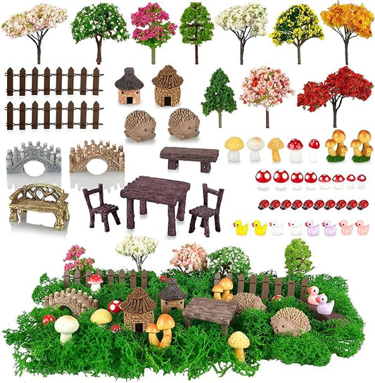 PIVNASY 56 Pcs Fairy Garden Accessories, Mini Resin Animals Figures, Miniature Table and Chairs, Moss Bonsai Micro Landsca...